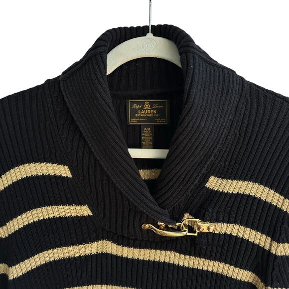 Ralph Lauren Black Label Knit Sweater Cowl Neck with Gold Metallic Clasp Stripes - Picture 2 of 10